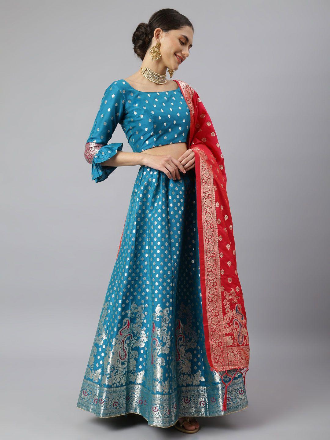 lilots blue & pink semi-stitched lehenga & unstitched blouse with dupatta