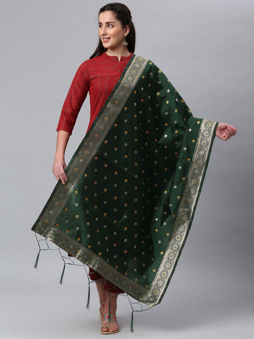 lilots green & golden ethnic motifs woven design dupatta