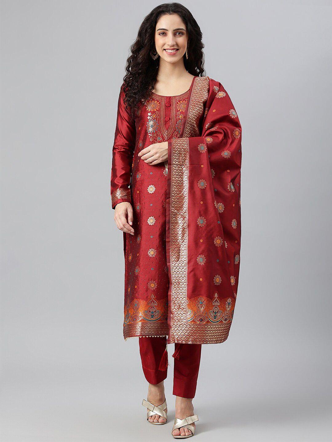 lilots maroon & gold-toned unstitched dress material