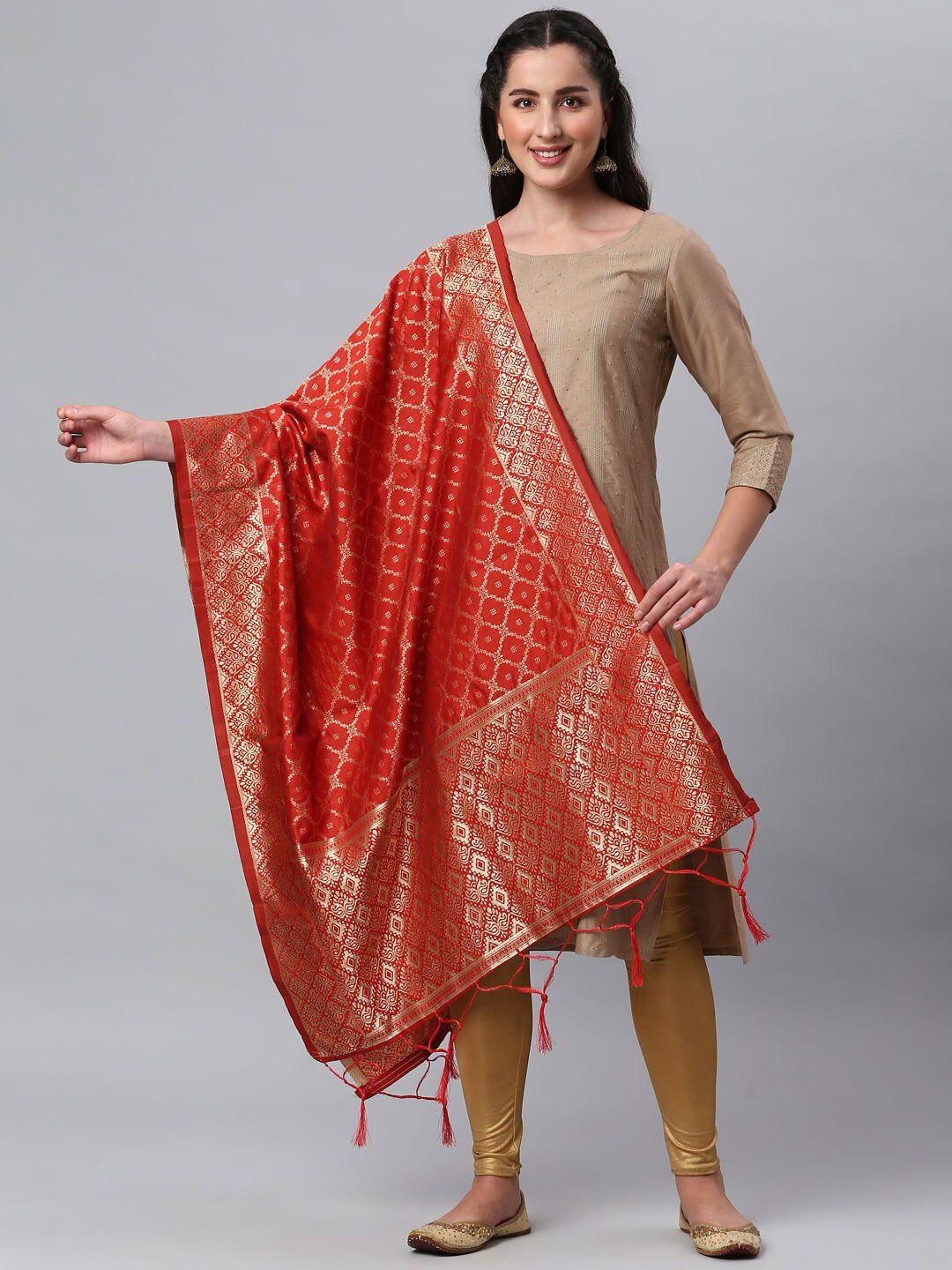 lilots red & gold-toned woven design dupatta