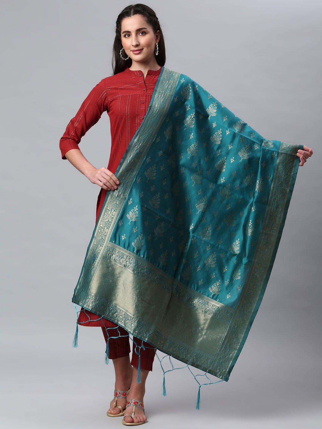lilots sea green & gold-toned ethnic motifs woven design dupatta