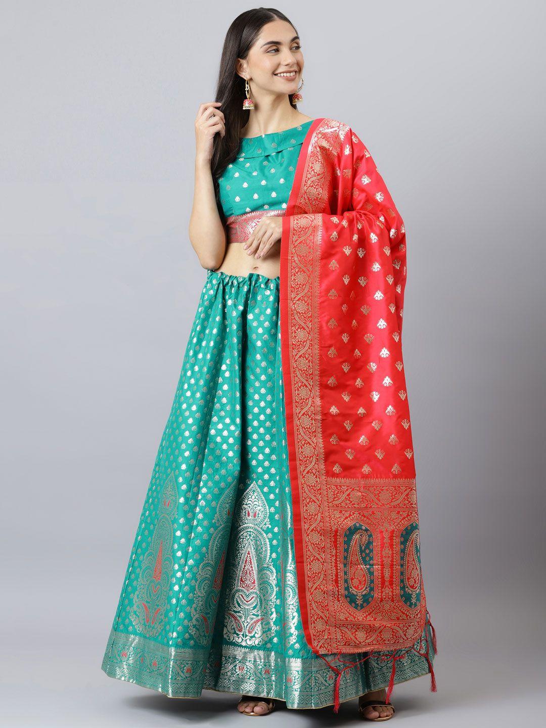 lilots sea green & silver-toned semi-stitched lehenga & unstitched blouse with dupatta