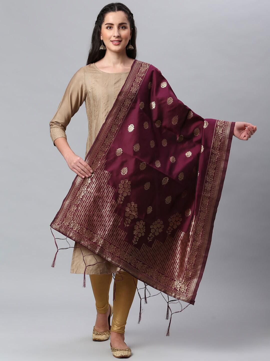 lilots violet & gold-toned ethnic motifs woven design dupatta