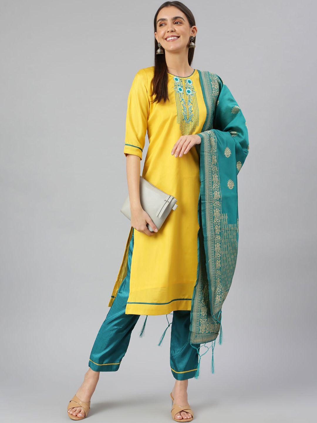 lilots women yellow & green floral yoke design kurta with trousers & with dupatta