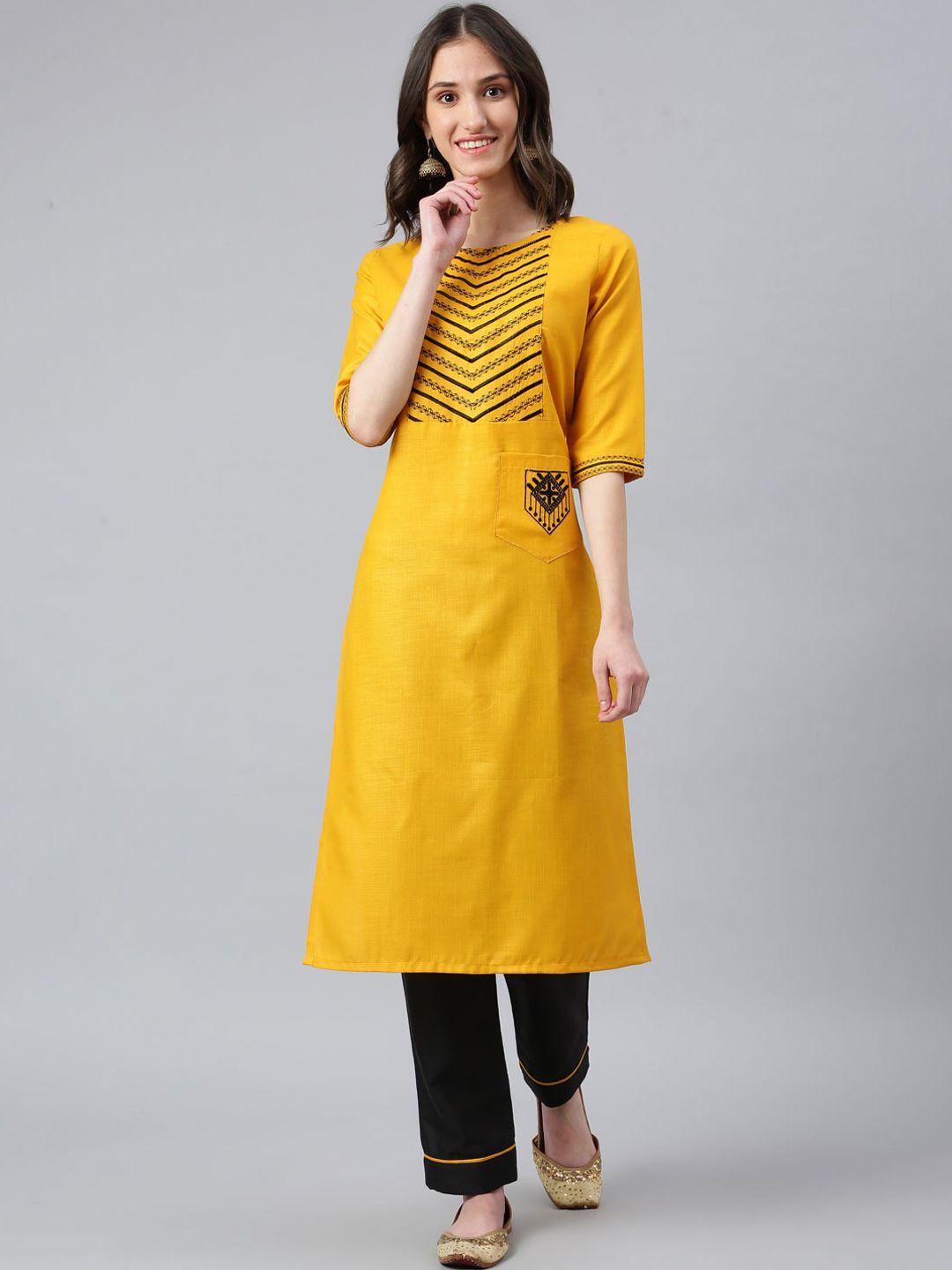 lilots women yellow yoke design thread work kurta with trousers