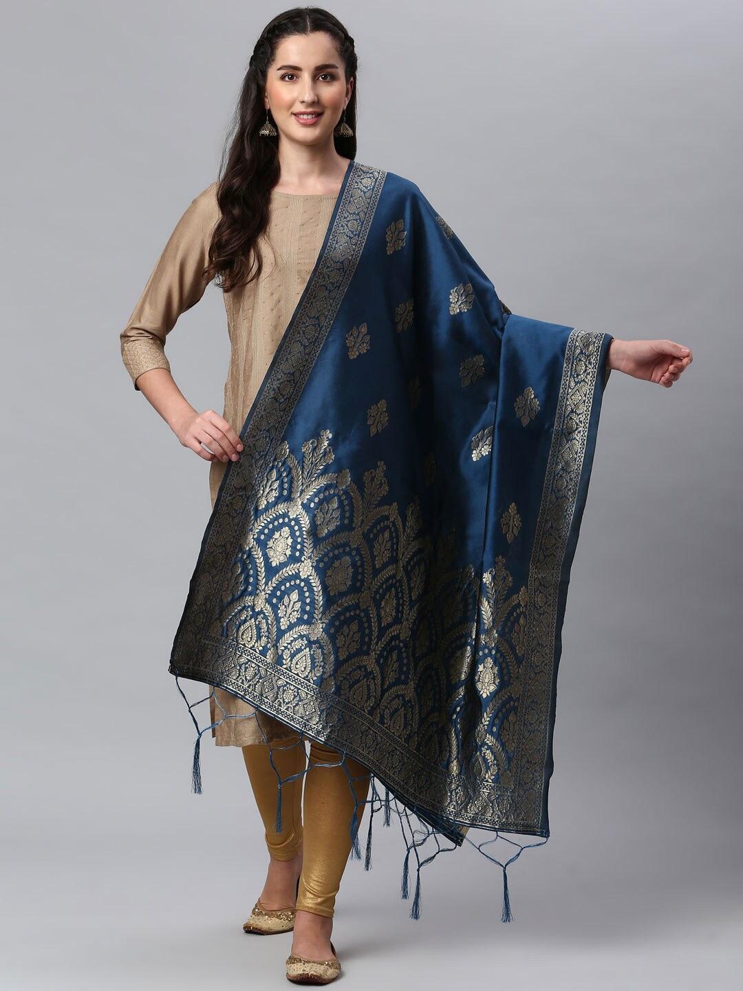 lilots blue & gold-toned ethnic motifs woven design dupatta with zari