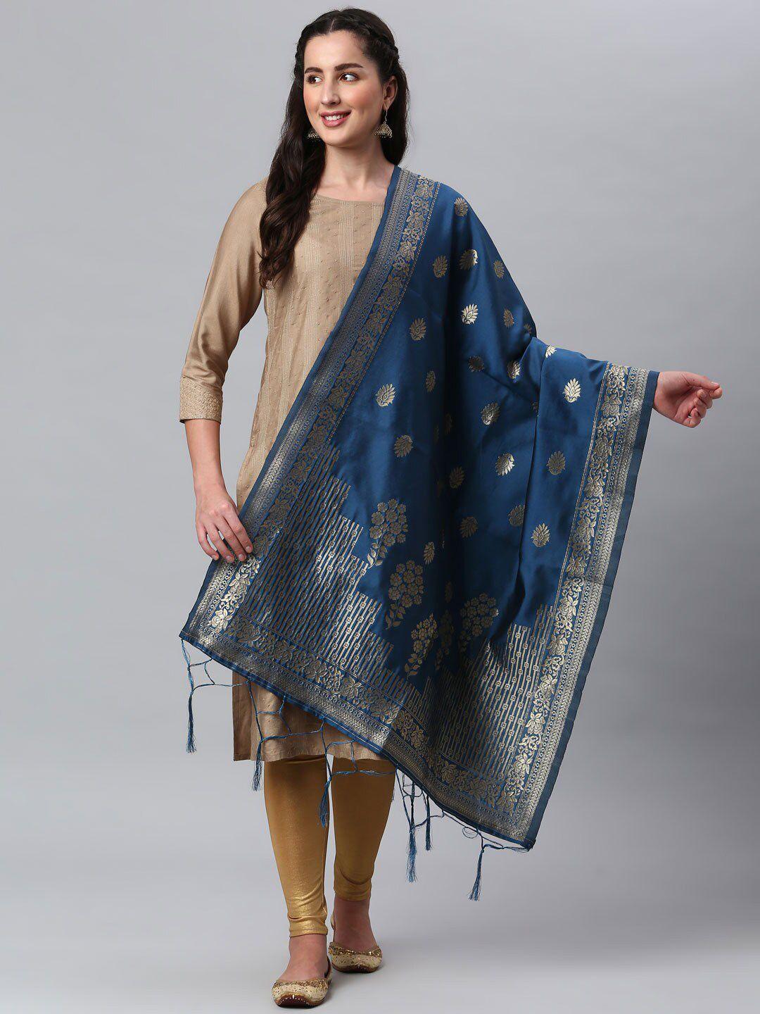 lilots blue & golden ethnic motifs woven design banarasi silk jacquard dupatta