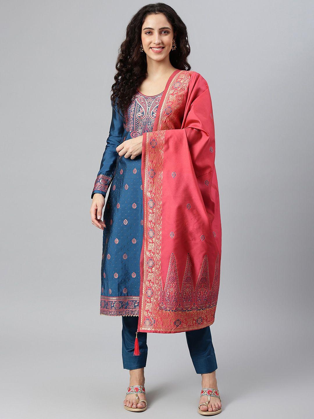 lilots blue & pink  banarasi jacquard woven unstitched dress material