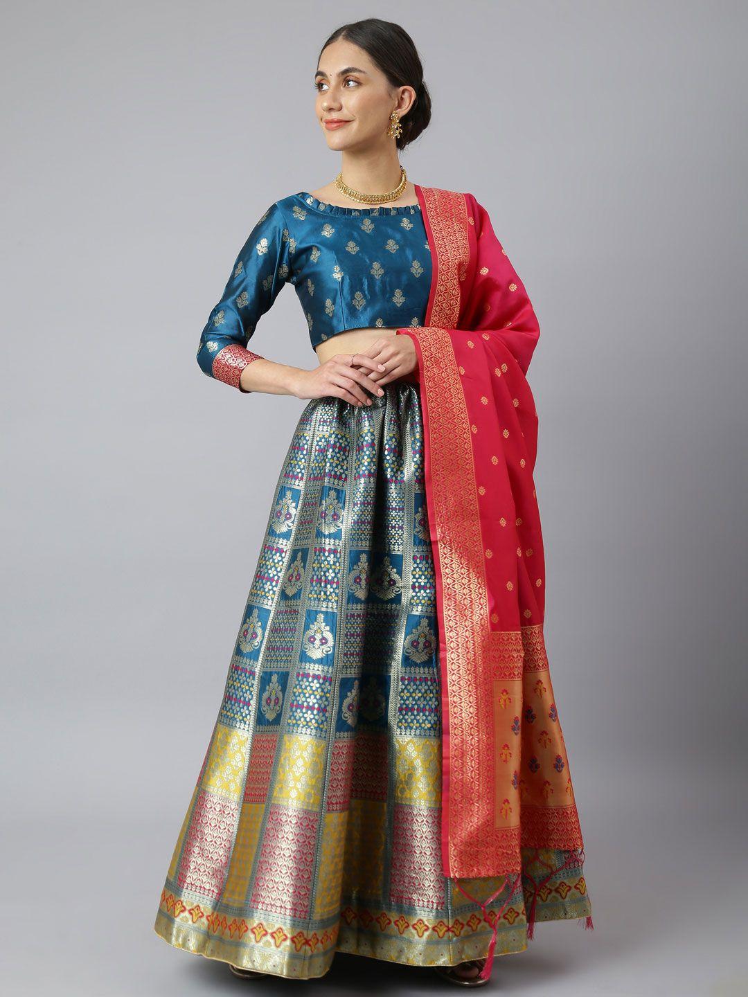 lilots blue & red semi-stitched lehenga & unstitched blouse with dupatta