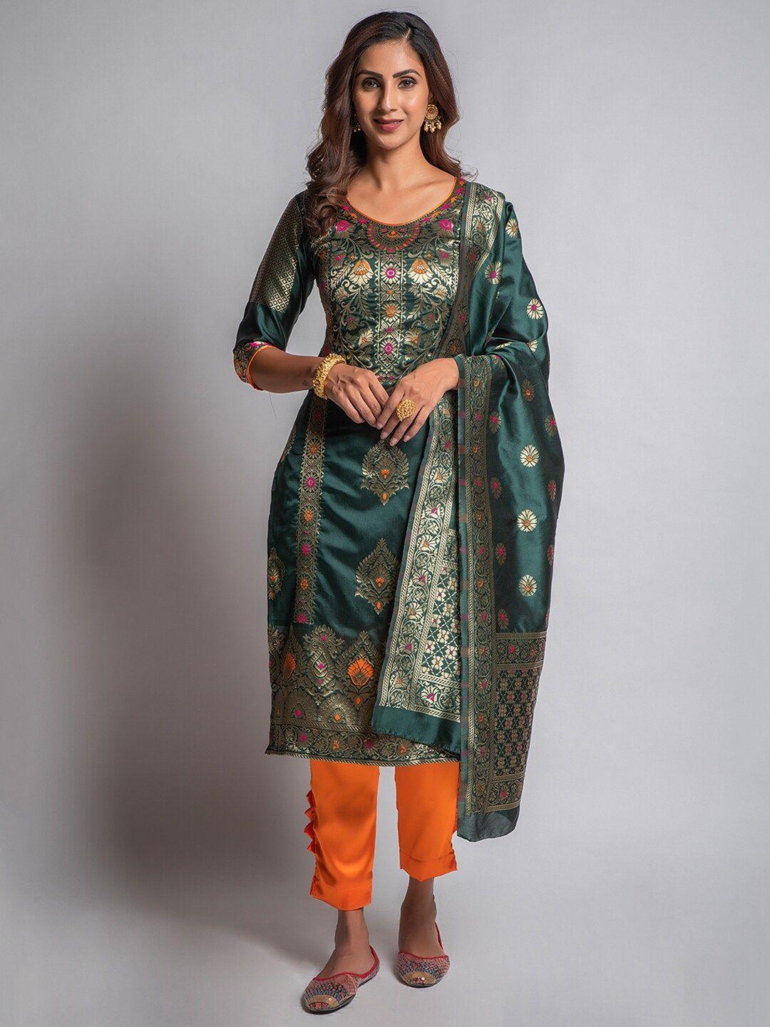 lilots green & orange unstitched dress material