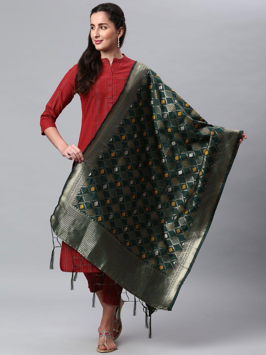 lilots green & silver-toned ethnic motifs woven design dupatta