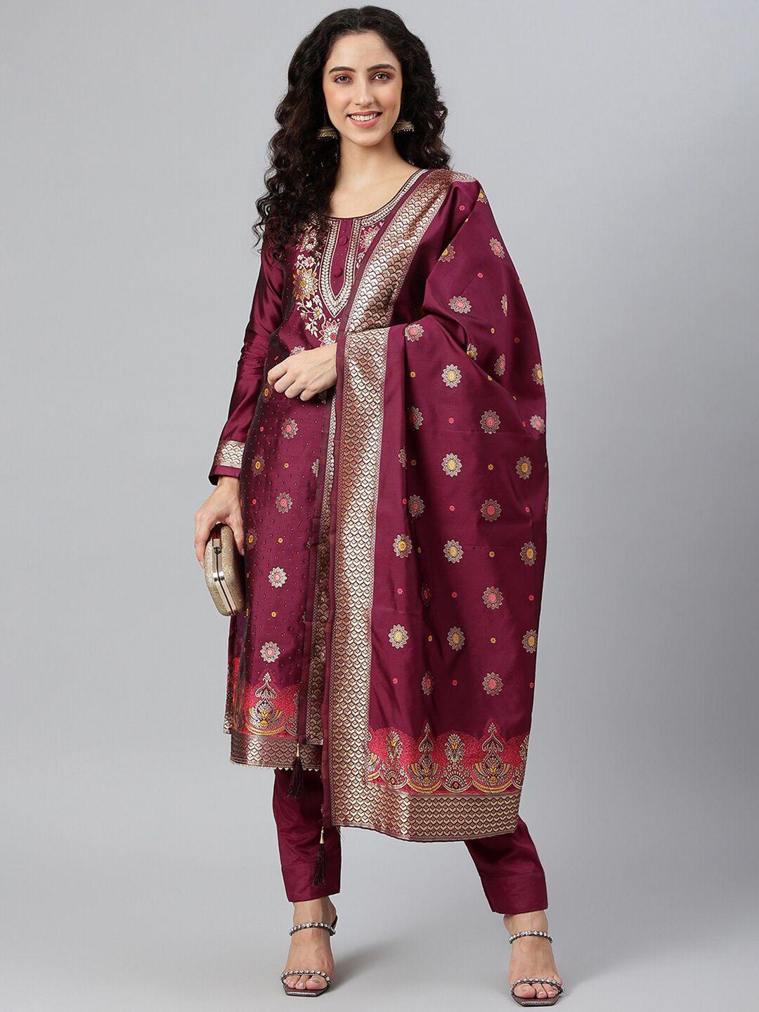 lilots maroon & gold-toned unstitched dress material