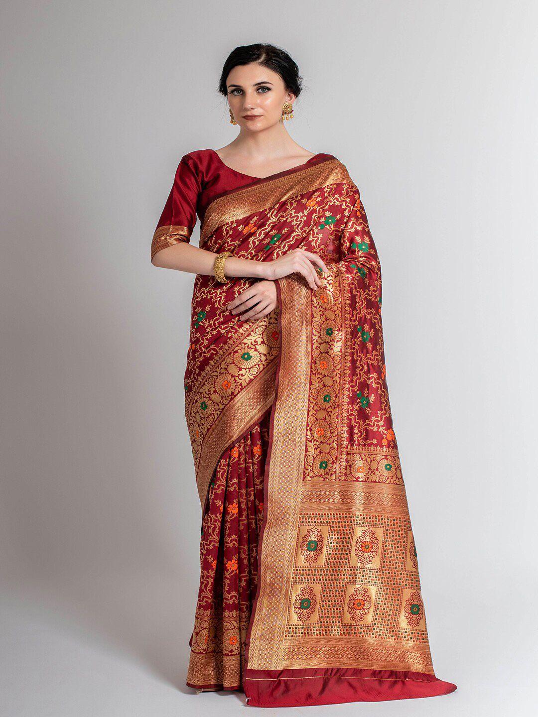 lilots maroon & golden floral zari silk blend kota saree