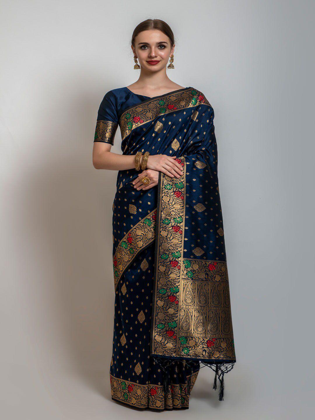 lilots navy blue & gold-toned floral zari banarasi saree