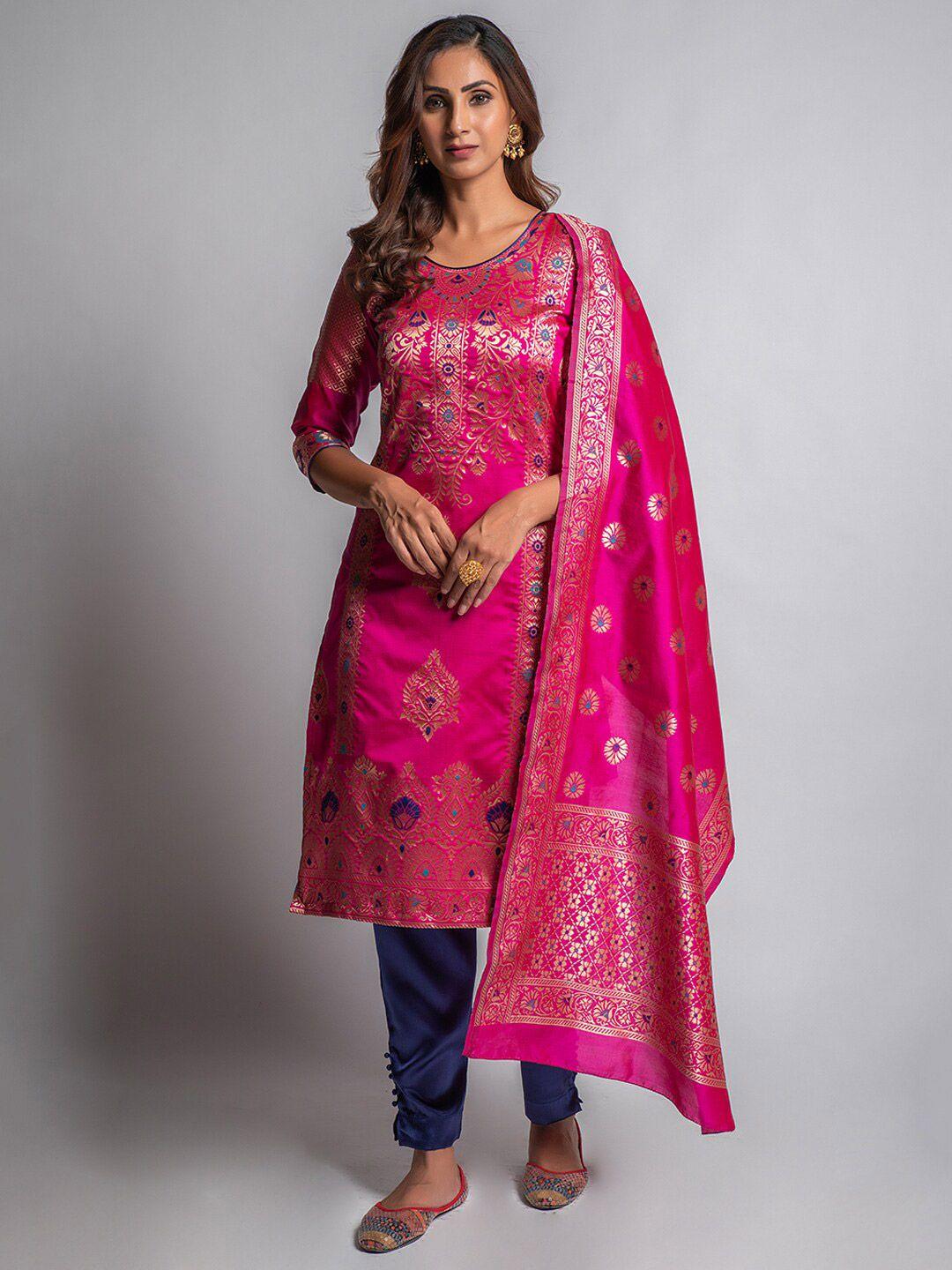 lilots pink & blue banarasisilk jacquard woven unstitched dress material