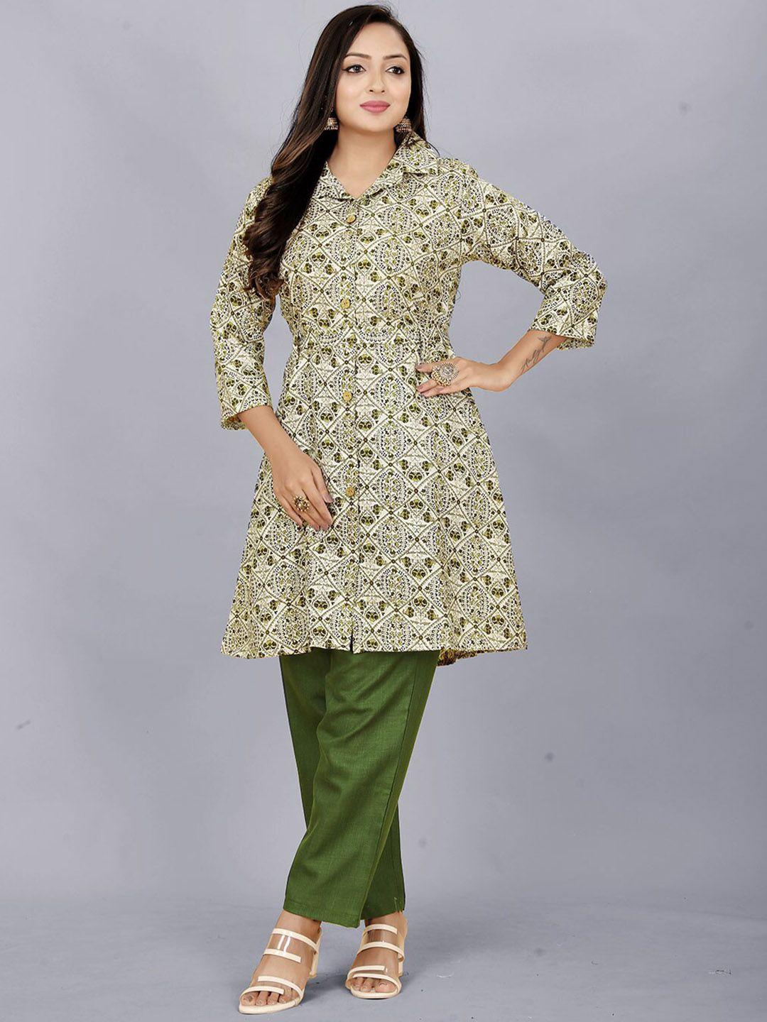 lilots printed shirt collar button-front tunic & trousers