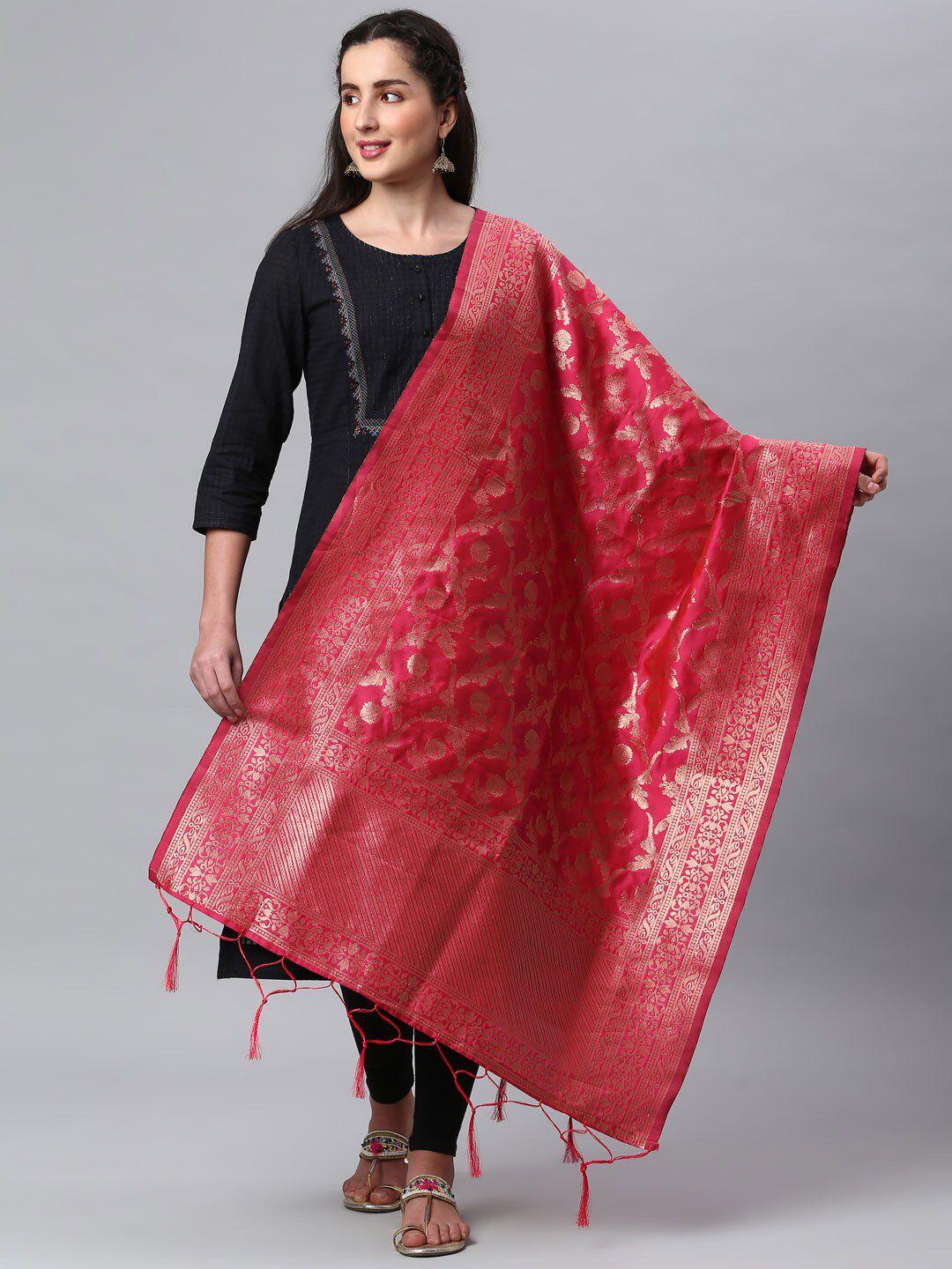 lilots red & gold-toned ethnic motifs woven design dupatta