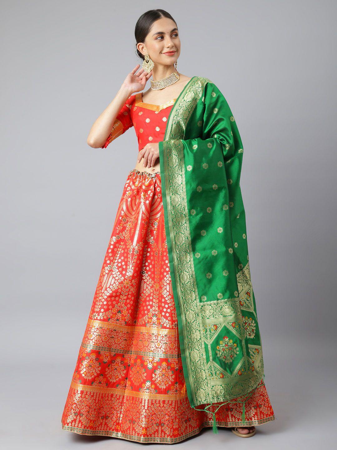 lilots red & green semi-stitched lehenga & unstitched blouse with dupatta