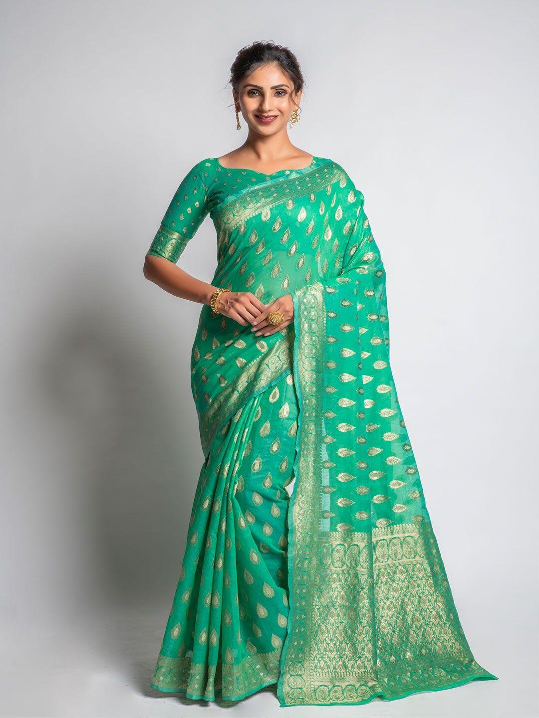 lilots sea green & gold-toned floral  span cotton jacquard woven khadi saree