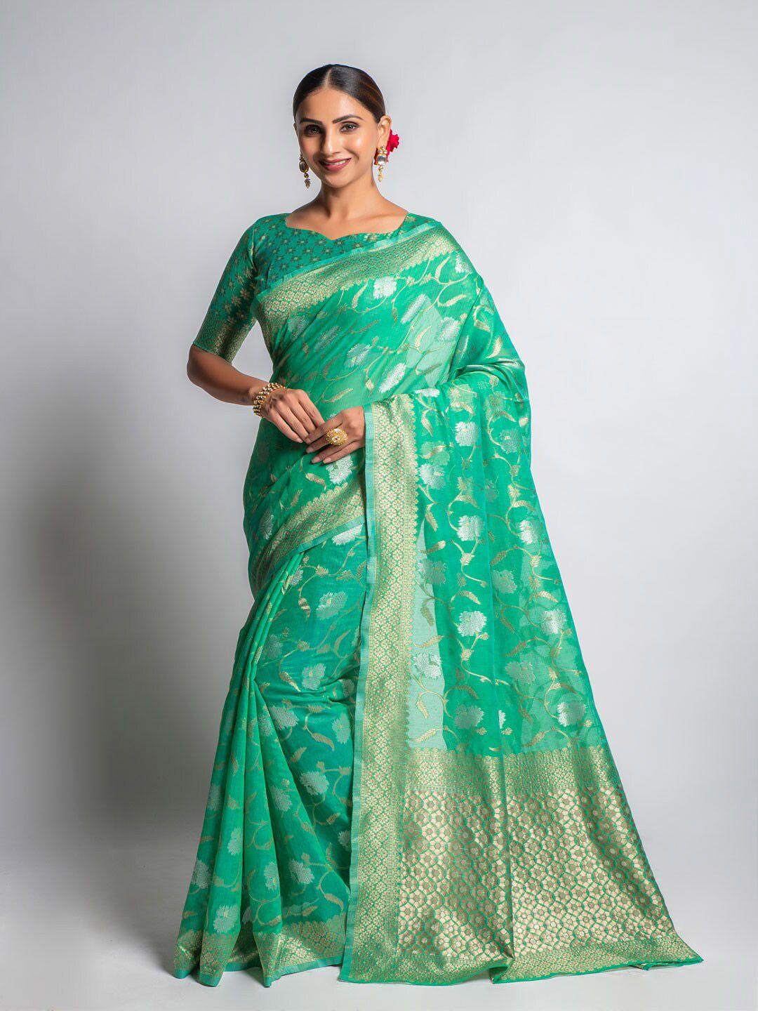 lilots sea green & gold-toned woven design zari jacquard saree