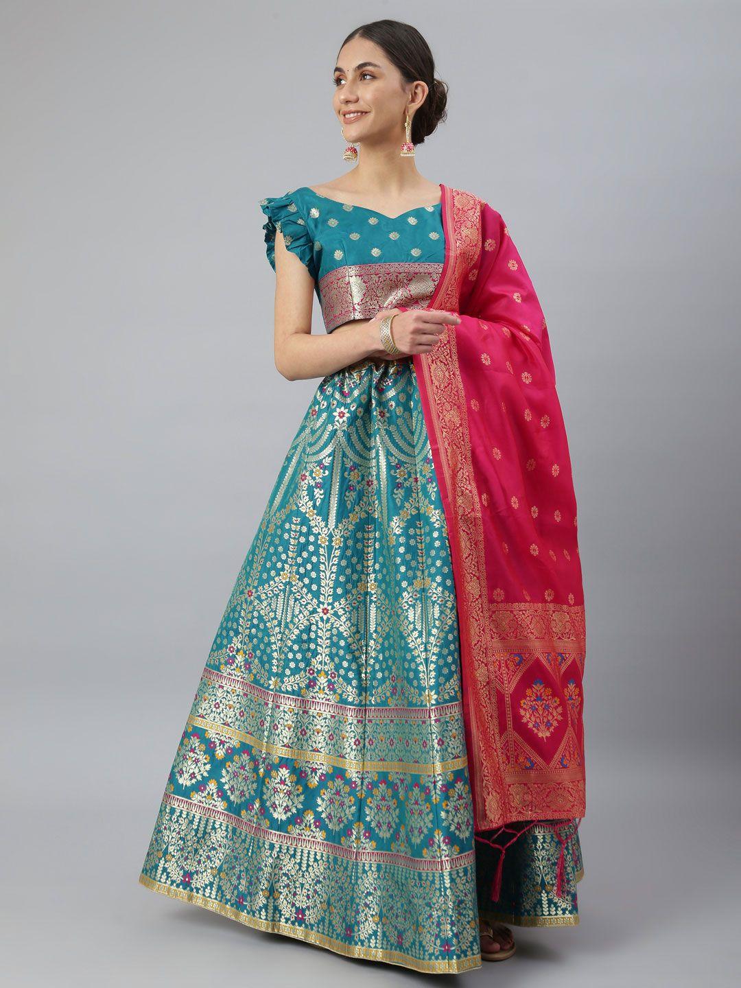 lilots turquoise blue & gold-toned semi-stitched lehenga & unstitched blouse with dupatta