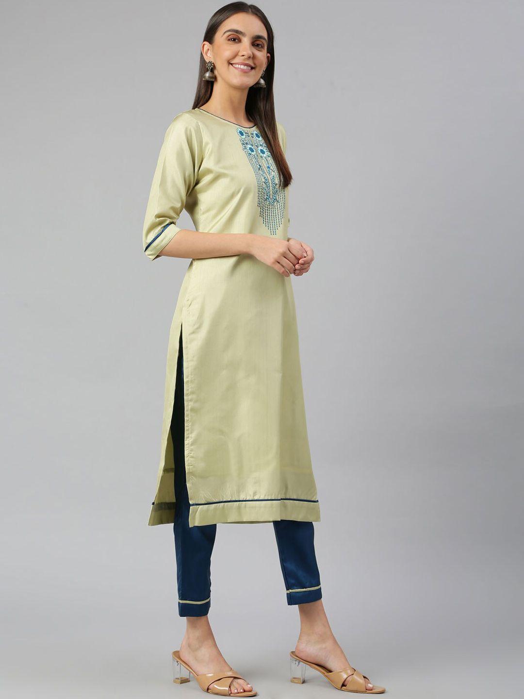 lilots women gold-toned embroidered kurta with trousers & dupatta