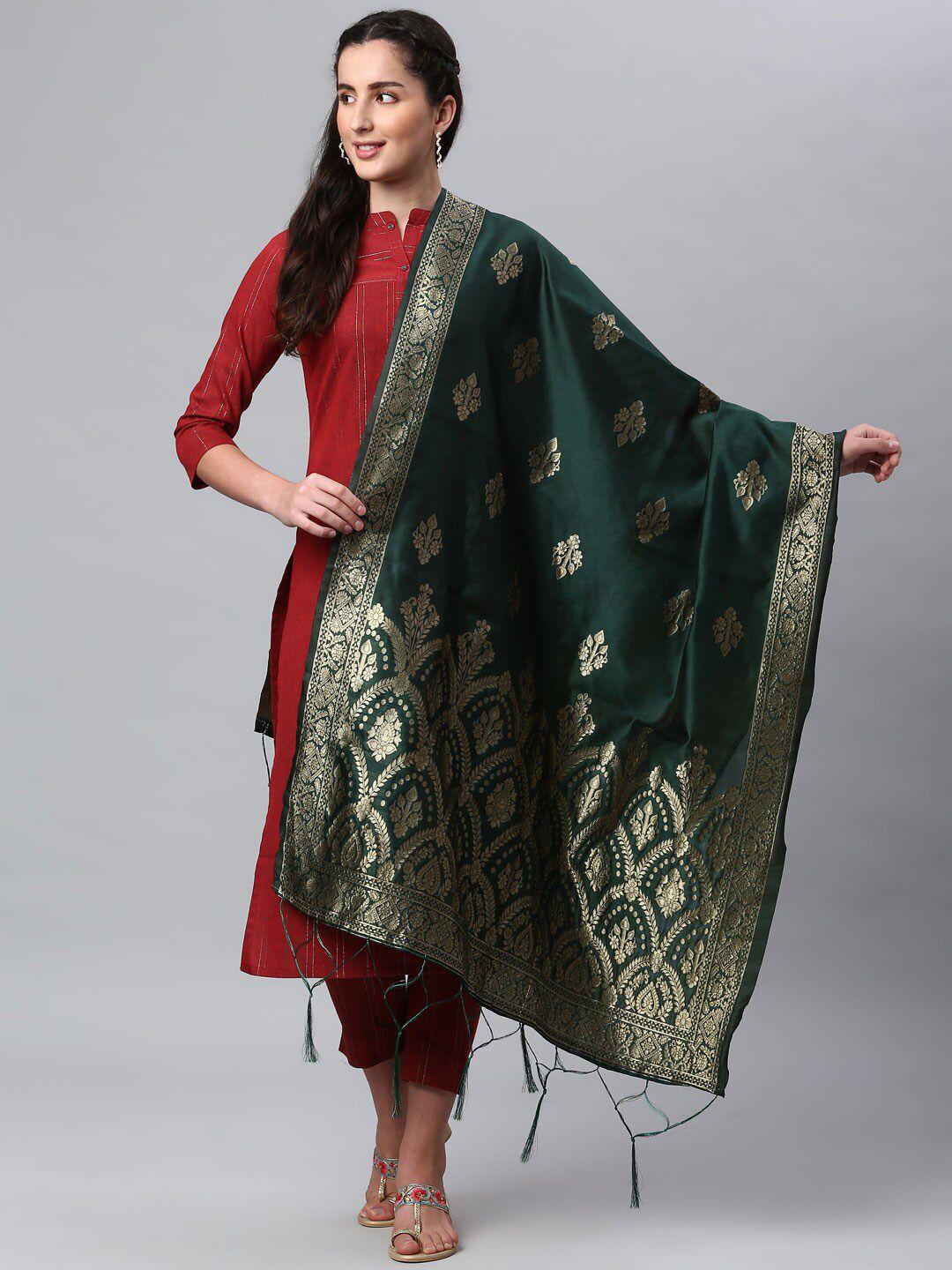 lilots women green & gold-toned ethnic motifs woven design dupatta
