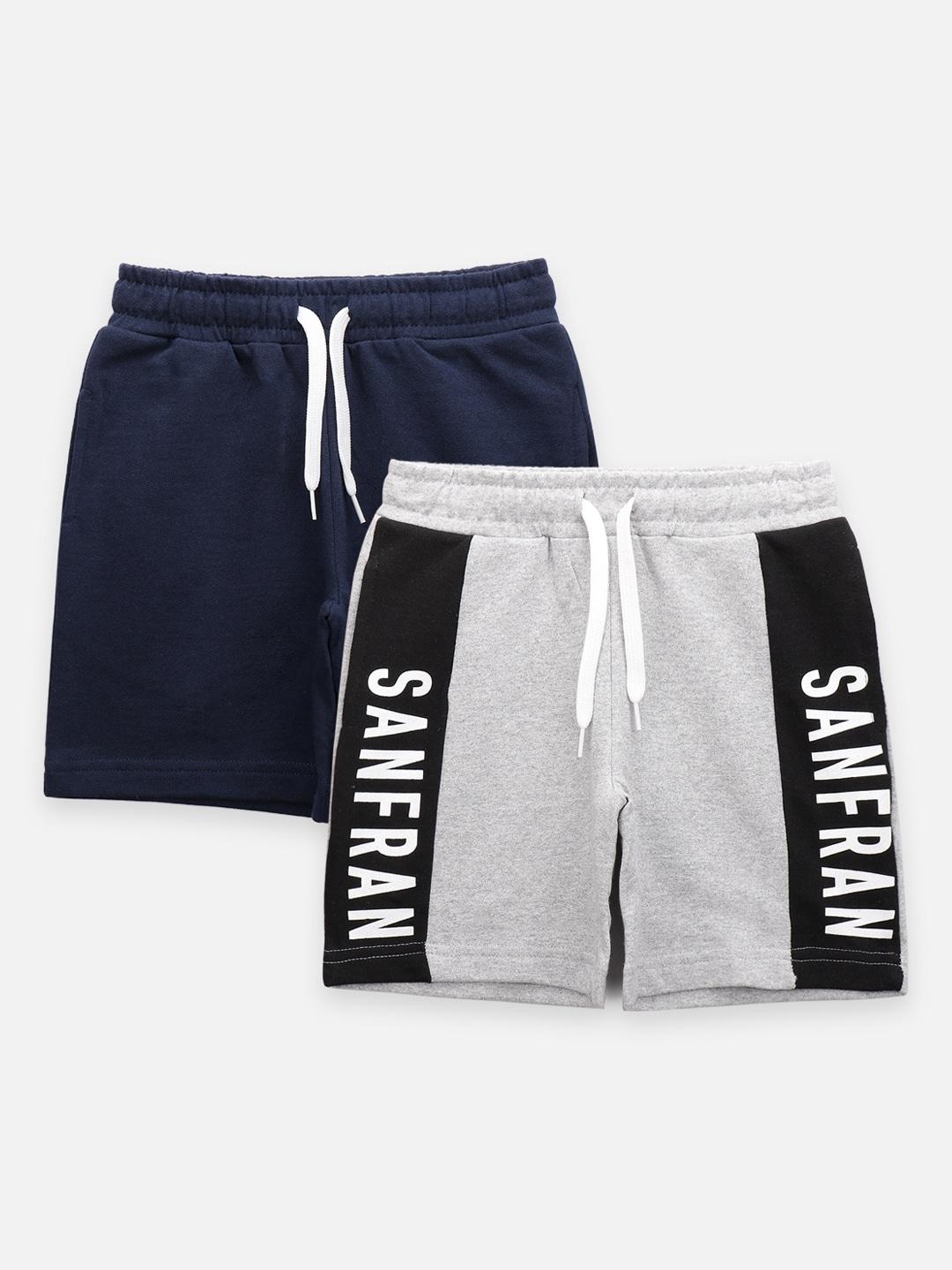 lilpicks boys pack of 2 grey & navy blue typography printed cotton shorts