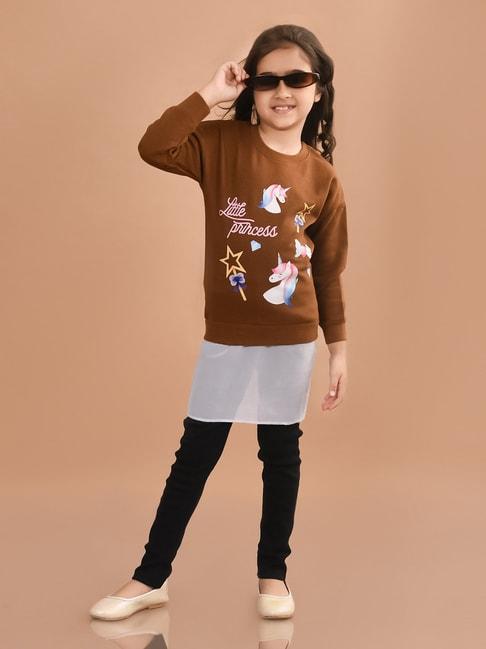 lilpicks kids brown & black printed full sleeves long sweater with leggings