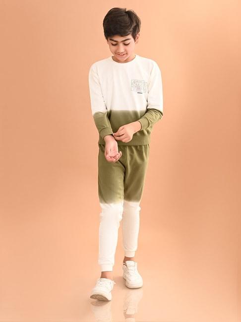 lilpicks kids cream & olive printed full sleeves sweatshirt with joggers