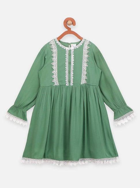 lilpicks kids green & white cotton embroidered full sleeves dress