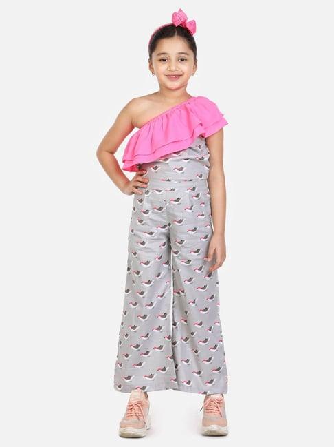 lilpicks kids grey & pink cotton printed jumpsuit