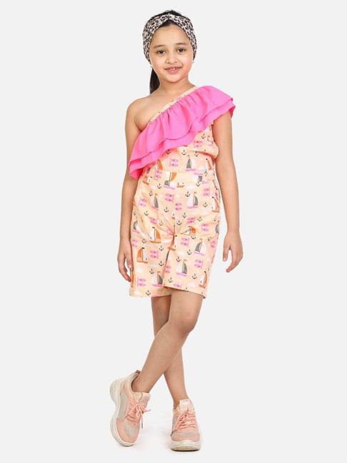 lilpicks kids peach & pink cotton printed jumpsuit