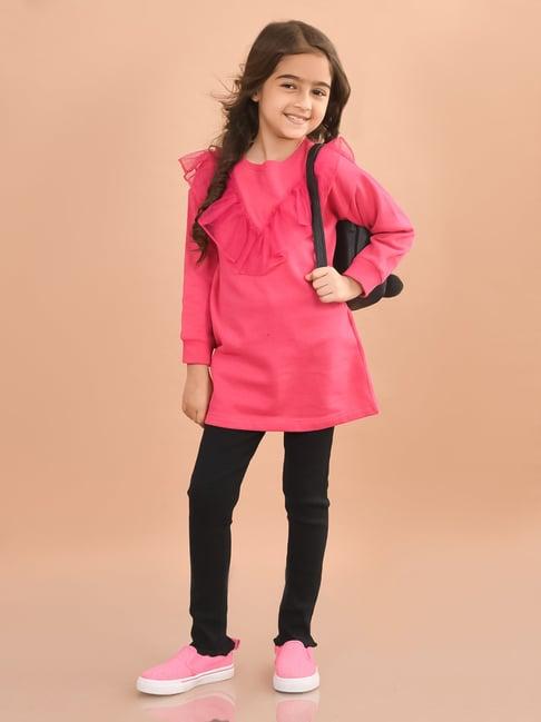 lilpicks kids pink & black solid full sleeves sweater with leggings
