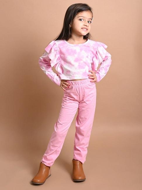 lilpicks kids pink & white cotton over dyed full sleeves top set