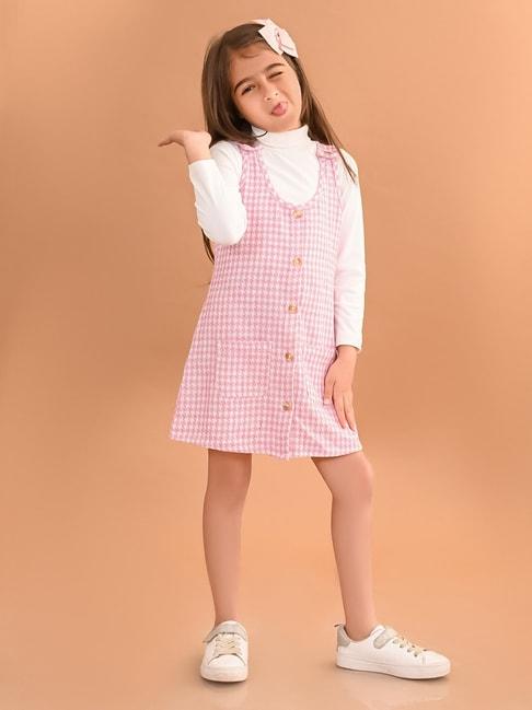 lilpicks kids pink & white printed full sleeves dungaree dress with top