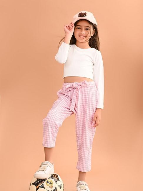 lilpicks kids pink & white solid full sleeves crop top with plazzos