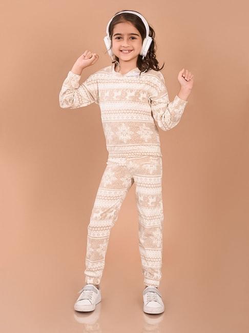lilpicks kids white & brown printed full sleeves sweatshirt with joggers