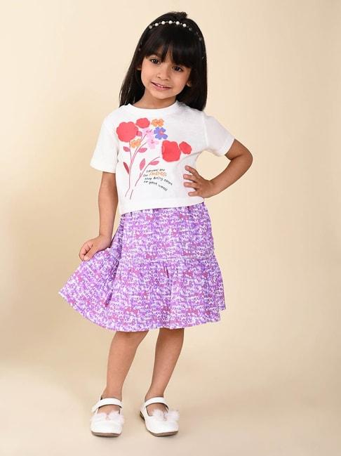 lilpicks kids white & purple floral print top with skirt