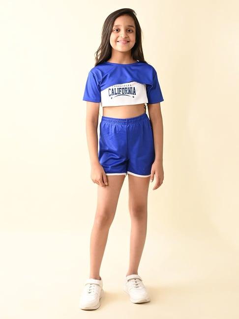 lilpicks kids white & royal blue printed crop top with shorts