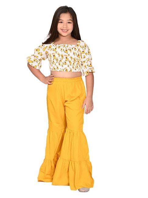 lilpicks kids white & yellow printed crop top with plazzos
