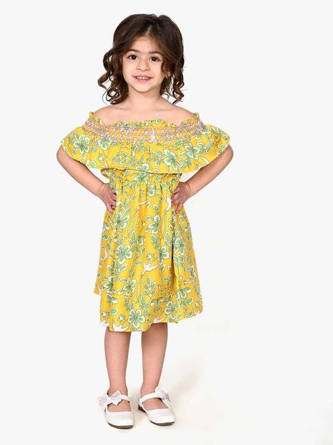 lilpicks kids yellow & green cotton floral print dress