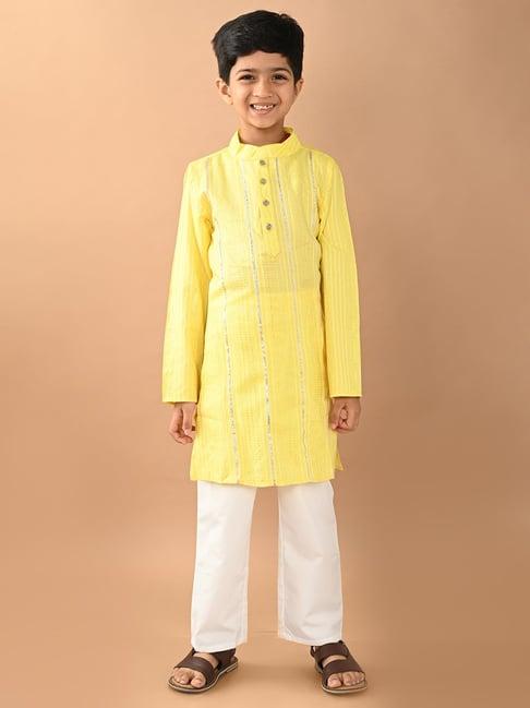 lilpicks kids yellow & white embellished full sleeves kurta with pyjamas