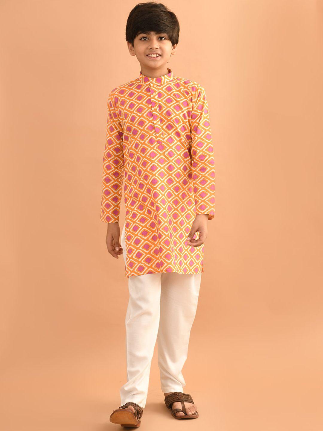 lilpicks boys ethnic motifa printed band collar pure cotton straight kurta with trousers