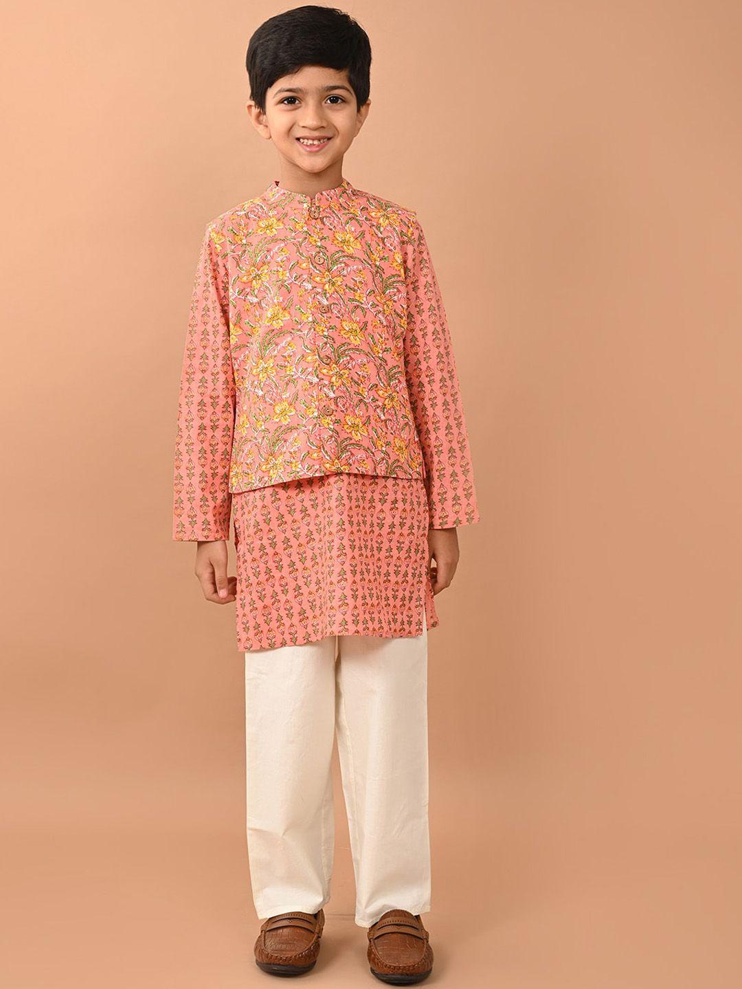 lilpicks boys ethnic motifs print pure cotton straight kurta & trousers with nehru jacket