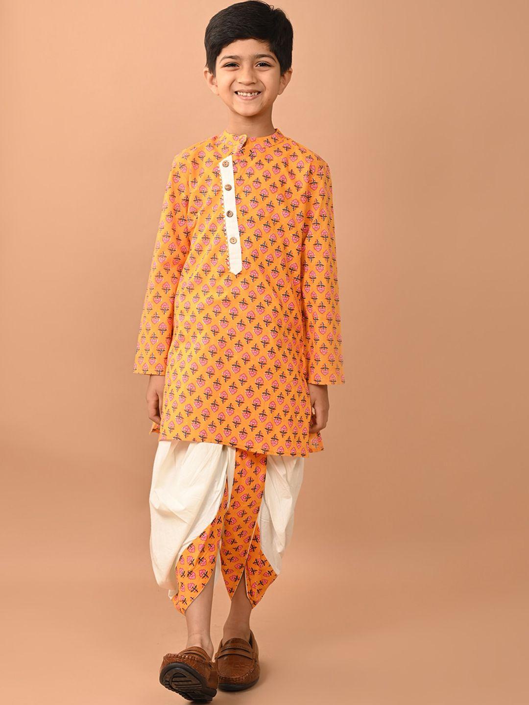 lilpicks boys ethnic motifs printed gotta patti cotton straight kurta with dhoti pants