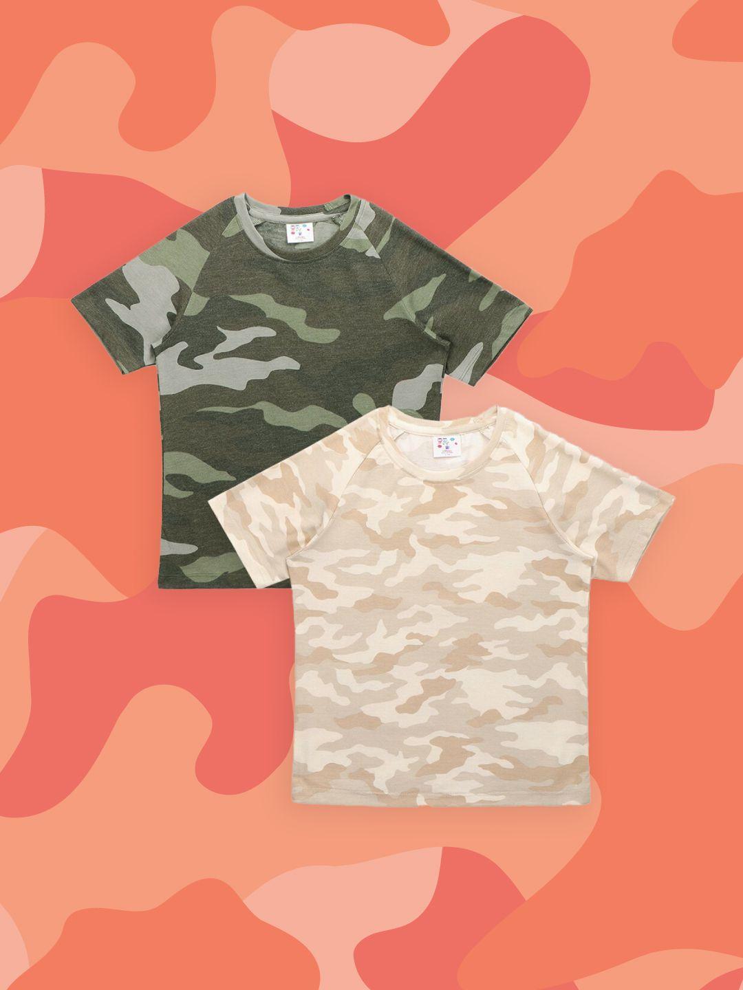 lilpicks boys green & beige camouflage pack of 2 printed t-shirt