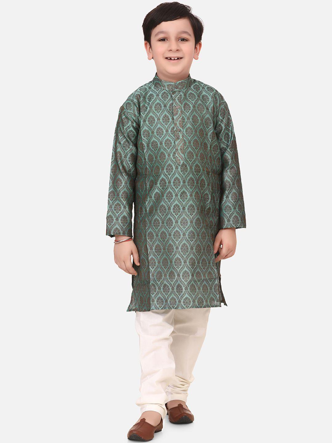 lilpicks boys green & off-white woven design kurta with churidar