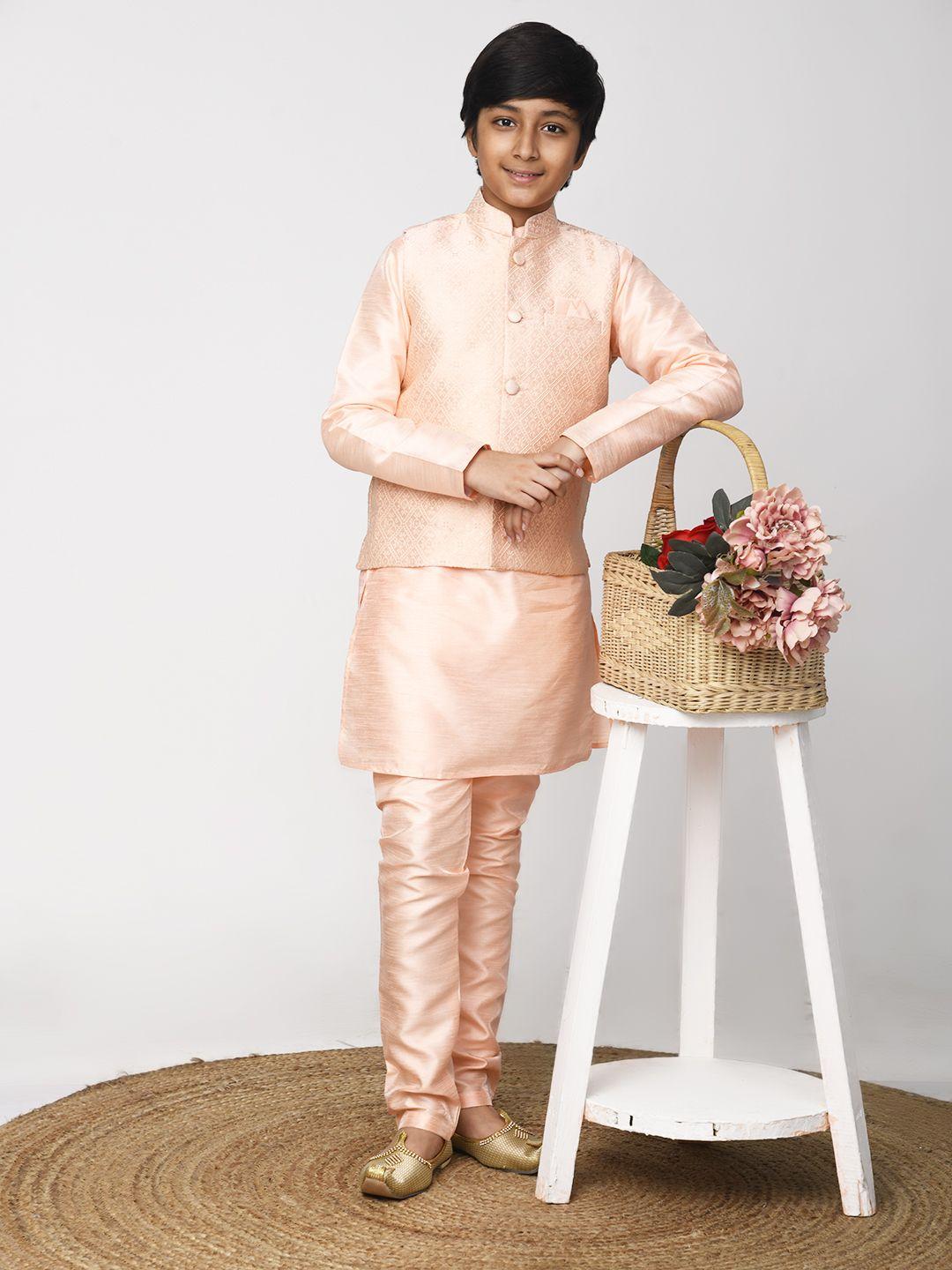 lilpicks boys peach embroidered dupion silk kurta with churidar & with nehru jacket