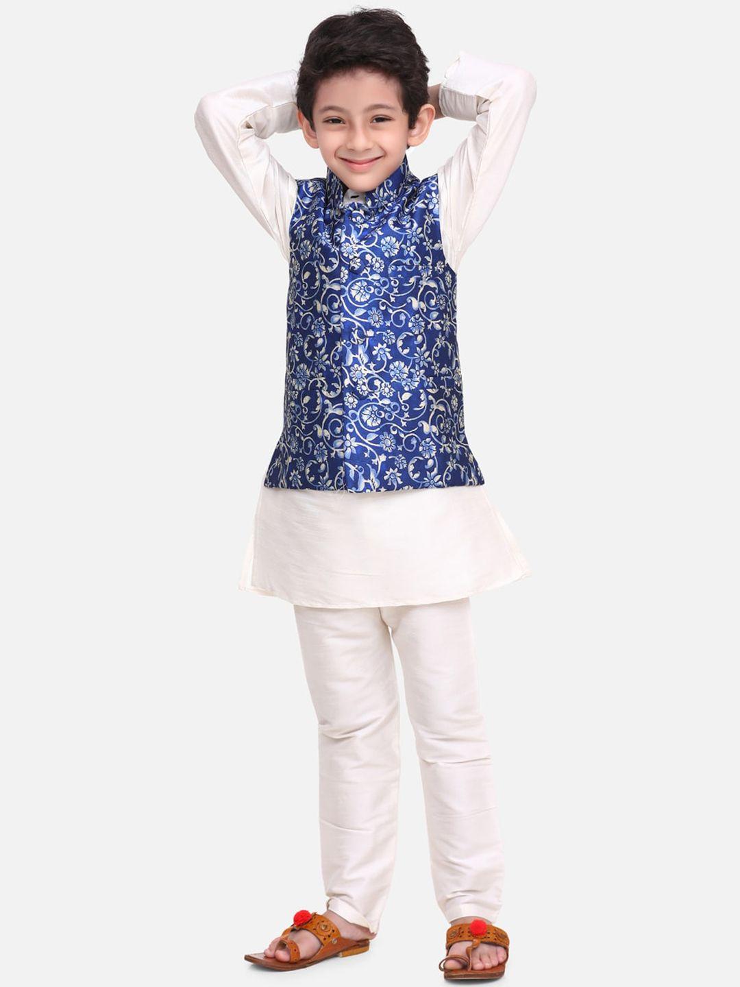 lilpicks boys white kurta & churidar with blue digital print nehru jacket